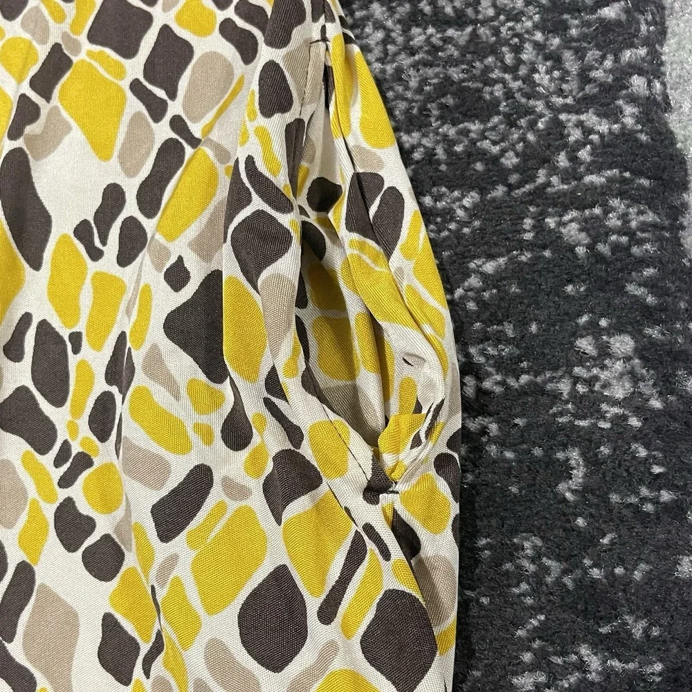 Tory Burch 100% Silk Dress Women Small Yellow‎ Geometric 3/4 Sleeve Button Knee